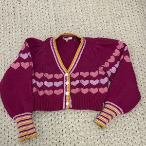 LoveShackFancy Magenta Cropped Heart Cardigan with Yellow Trim